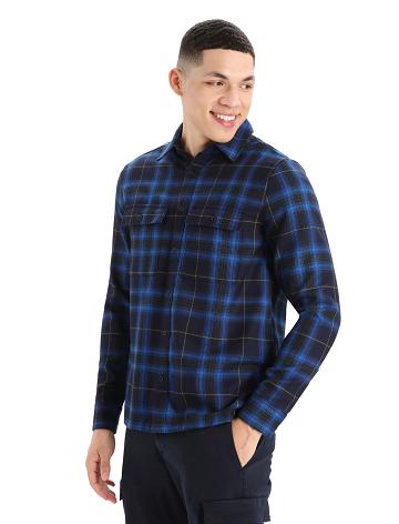 Men's Icebreaker Merino Dawnder Long Sleeve Flannel Shirt Plaid Hoodie Midnight Navy | CA 1692FDNM